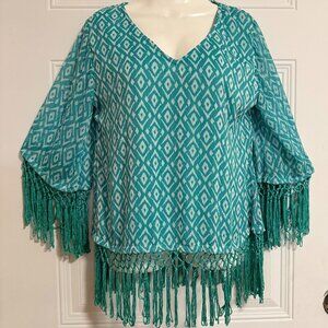 Rancho Estancia Blouse SZ Small Tunic Fringe Oversized Western Country Club